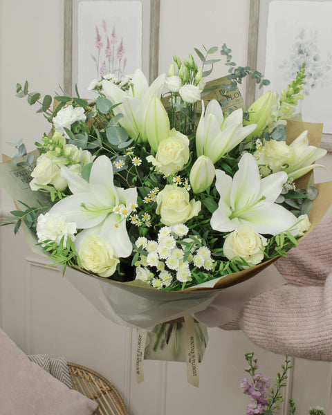The 'Sumptuous White Rose & Lily' Box Bouquet - Boutique Florist - UK Flower Delivery